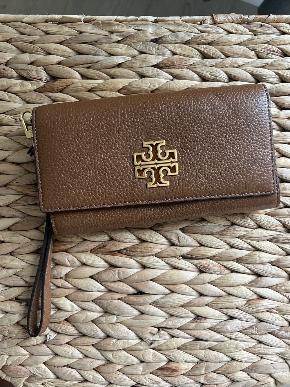 Tory Burch Tan Brown Pebbled Leather Wristlet with Gold Logo